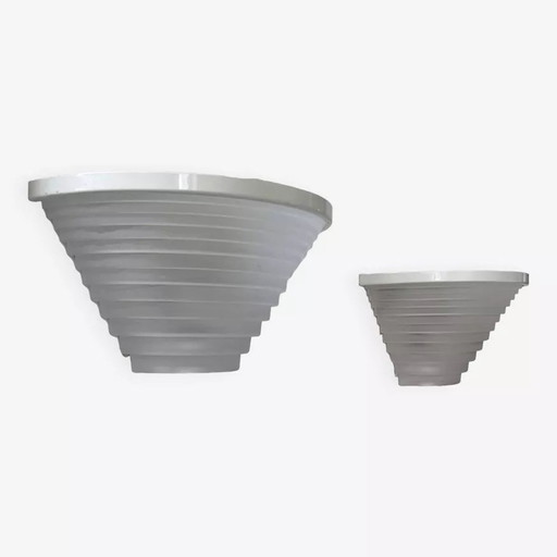 2X Vintage White Lacquered Metal And Sandblasted Glass Wall Light, Artemide Italy 1970