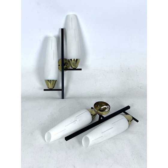 Image 1 of Pair of vintage brass and opal wall lamps, Italy 1950