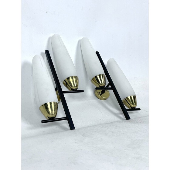 Image 1 of Pair of vintage brass and opal wall lamps, Italy 1950