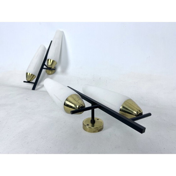Image 1 of Pair of vintage brass and opal wall lamps, Italy 1950