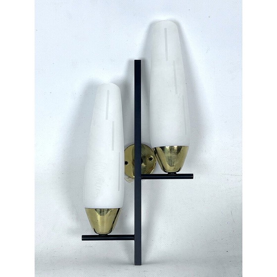 Image 1 of Pair of vintage brass and opal wall lamps, Italy 1950