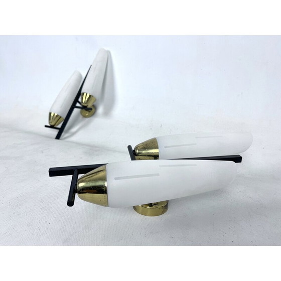 Image 1 of Pair of vintage brass and opal wall lamps, Italy 1950