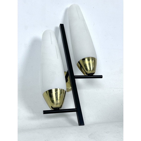 Image 1 of Pair of vintage brass and opal wall lamps, Italy 1950