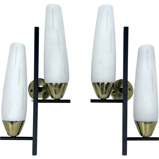 Image 1 of Pair of vintage brass and opal wall lamps, Italy 1950