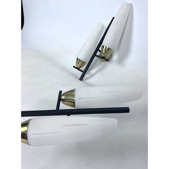 Image 1 of Pair of vintage brass and opal wall lamps, Italy 1950