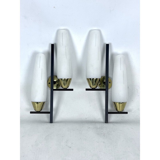 Image 1 of Pair of vintage brass and opal wall lamps, Italy 1950