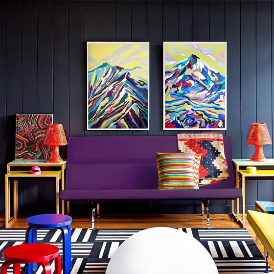 Image 1 of Acrylic On Canvas (Original) "Colorful Mountains (2022) & Sunshine On Mountain (2022)", 70X50 Cm 2Х Set, Artist-Marina Geipel