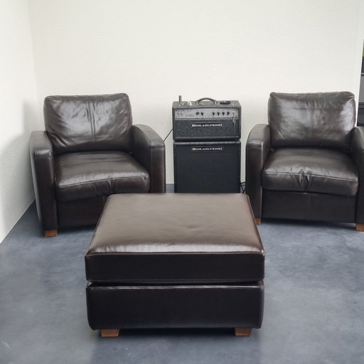 2X Crate and Barrel Leather Armchairs Incl. Hocker