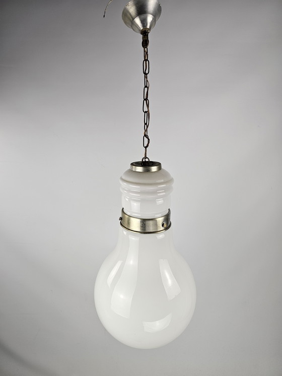 Image 1 of Large Italian Pendant Lamp White Glass And Chrome