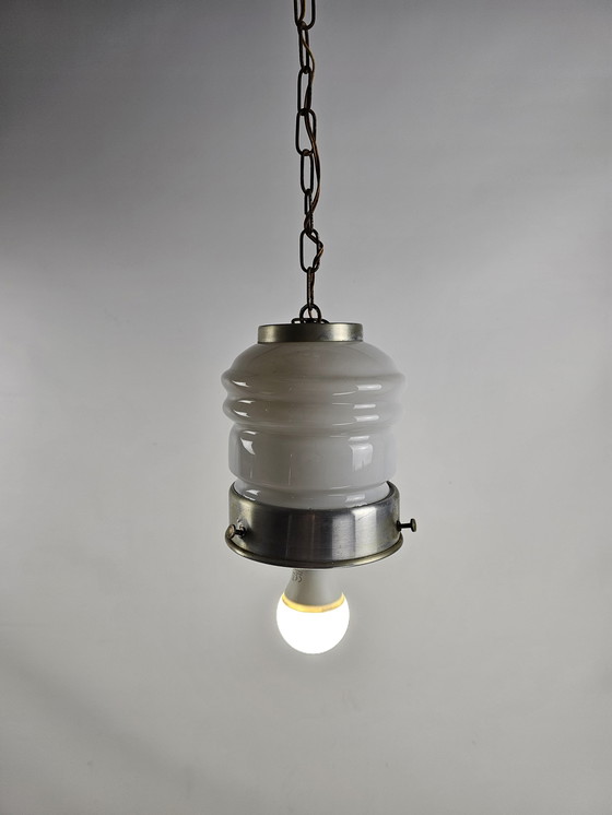 Image 1 of Large Italian Pendant Lamp White Glass And Chrome