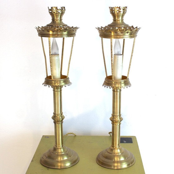 Image 1 of Pair of candleholder lamps in brass - 1970s