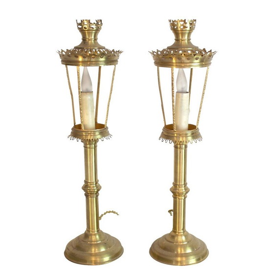 Image 1 of Pair of candleholder lamps in brass - 1970s