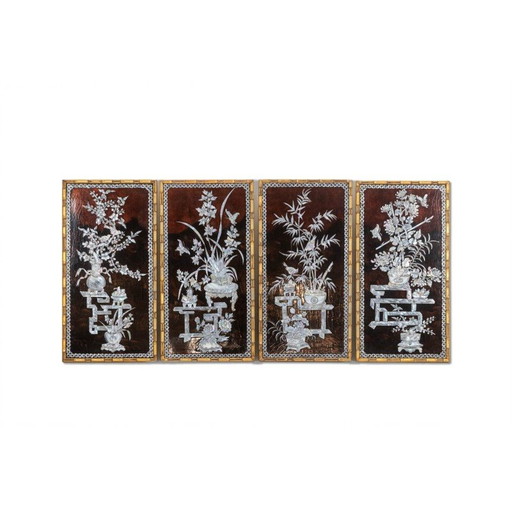 Set of 4 vintage decorative lacquer panels, France 1950