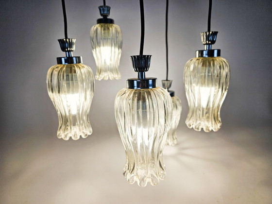 Image 1 of Vintage - Cascade - brass pendant lamp with 5 glass chalices - 60's