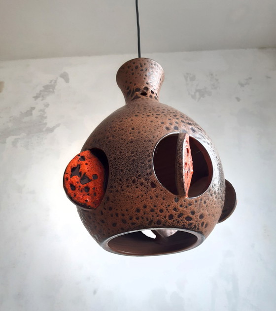 Image 1 of Lampada a sospensione vintage in ceramica marrone-arancione