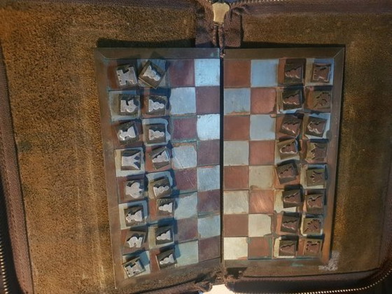 Image 1 of Handmade Travel Chess In Brass And Copper In Leather Bag