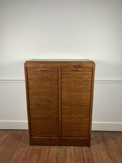 Old Double Filing Cabinet With Shutter Door, Oak, Early 20Th Century