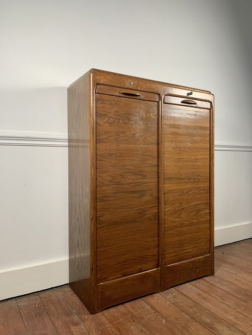 Old Double Filing Cabinet With Shutter Door, Oak, Early 20Th Century