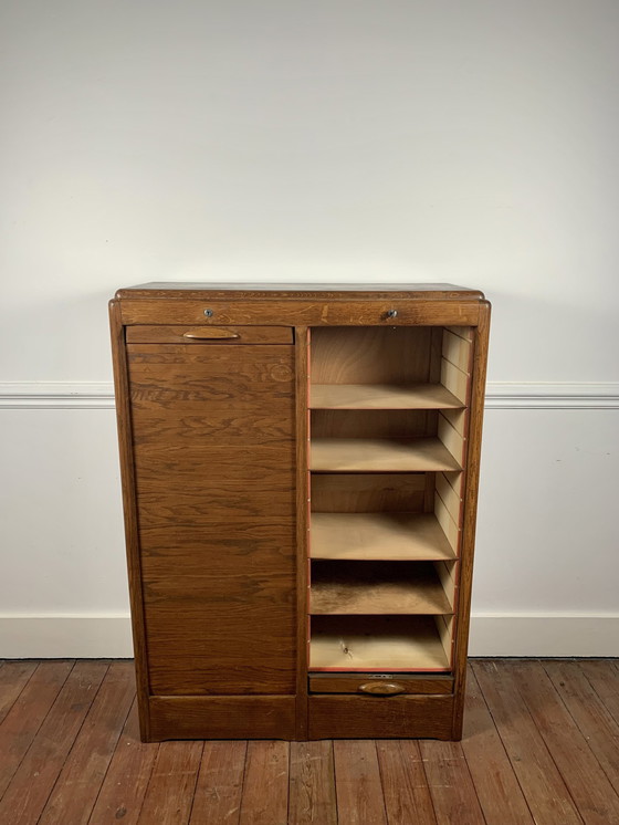 Image 1 of Old Double Filing Cabinet With Shutter Door, Oak, Early 20Th Century