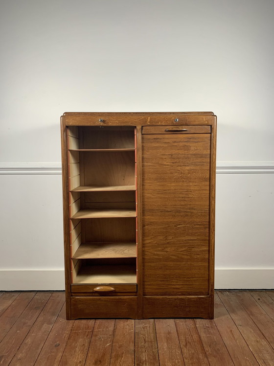 Image 1 of Old Double Filing Cabinet With Shutter Door, Oak, Early 20Th Century