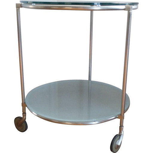 Vintage stainless steel and glass pedestal table, 1970