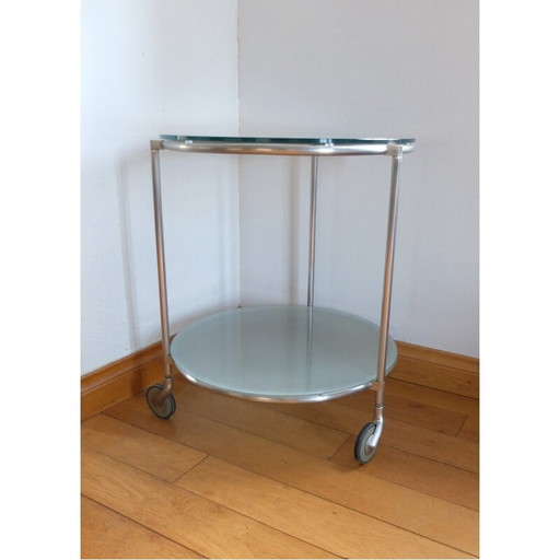 Vintage stainless steel and glass pedestal table, 1970