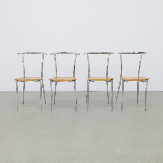 Image 1 of 4X Postmodern Dining Chair Chrome & Plywood Segis, 1990S