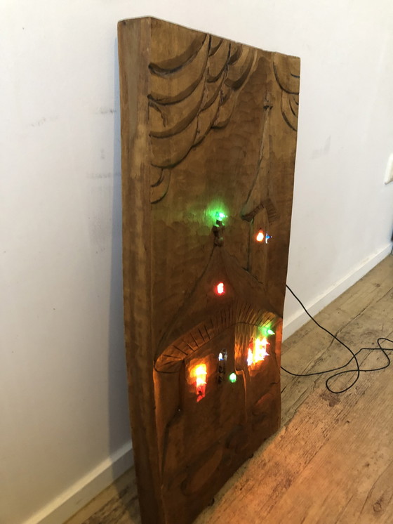 Image 1 of Unique Vintage 3D Carving - Church With Lighting - 67 X 33 X 6