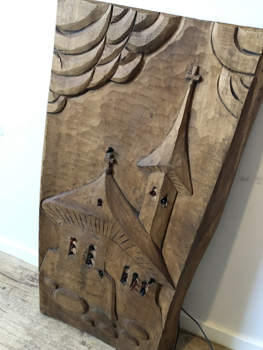 Scultura in legno 3D vintage unica - Chiesa con illuminazione - 67 x 33 x 6