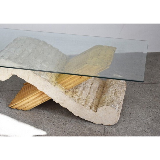 Image 1 of Vintage travertine and bamboo coffee table, 1970s