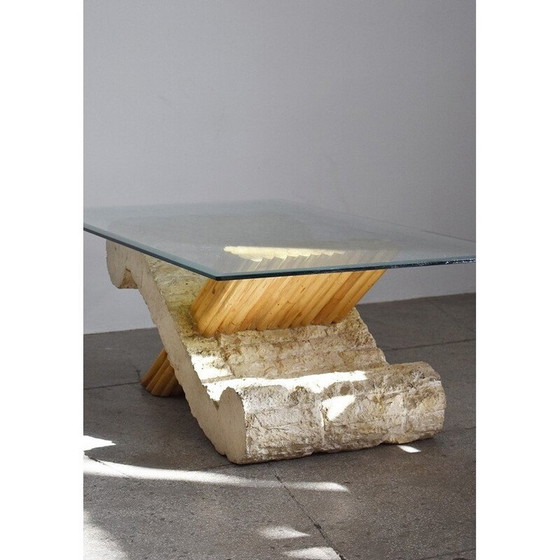 Image 1 of Vintage travertine and bamboo coffee table, 1970s