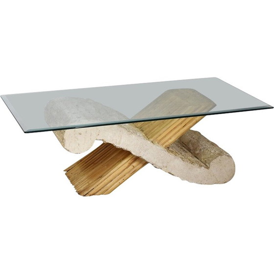Image 1 of Vintage travertine and bamboo coffee table, 1970s