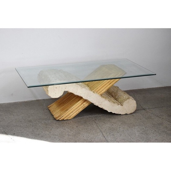 Image 1 of Vintage travertine and bamboo coffee table, 1970s