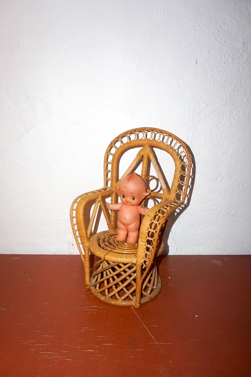Vintage Miniature Rattan Peacock Chair * Doll Furniture * Bohemian Plant Stand * 70s Wicker Throne * Boho Decor