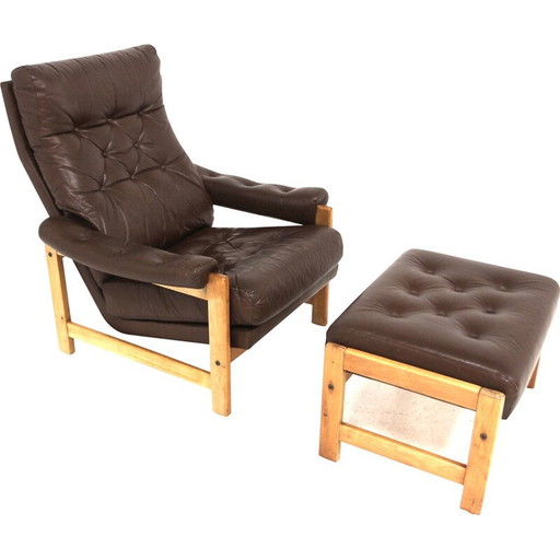 Vintage leather and beech armchairs, Sweden 1970