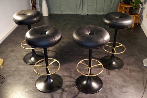 Tabouret de bar vintage en cuir de Börje Johanson, Suède, années 1970, set de 4 pièces