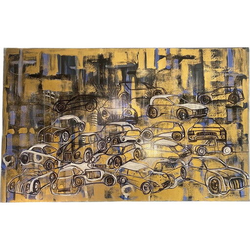 Óleo sobre lienzo vintage Le salon de l'auto de André Ferrand, 1998