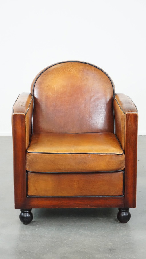 Sheep Leather And Wood Art Deco Design Armchair