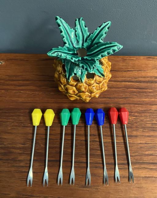 Ceramic Pineapple Containing Cocktail Forks 1960S