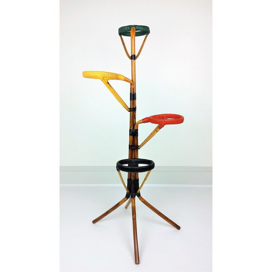 Image 1 of Vintage rattan and scoubidou plant stand 1960