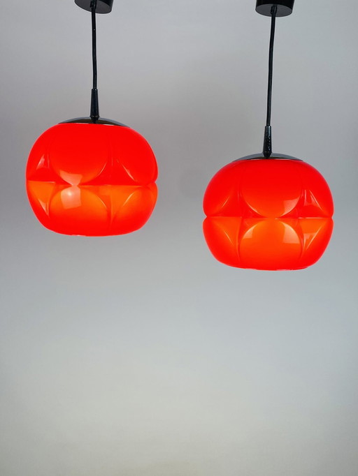 Pair Of Red Glass Artichoke Pendant Lights By Peill And Putzler 1960