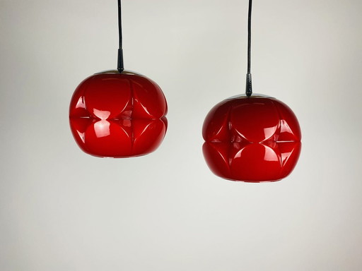 Pair Of Red Glass Artichoke Pendant Lights By Peill And Putzler 1960