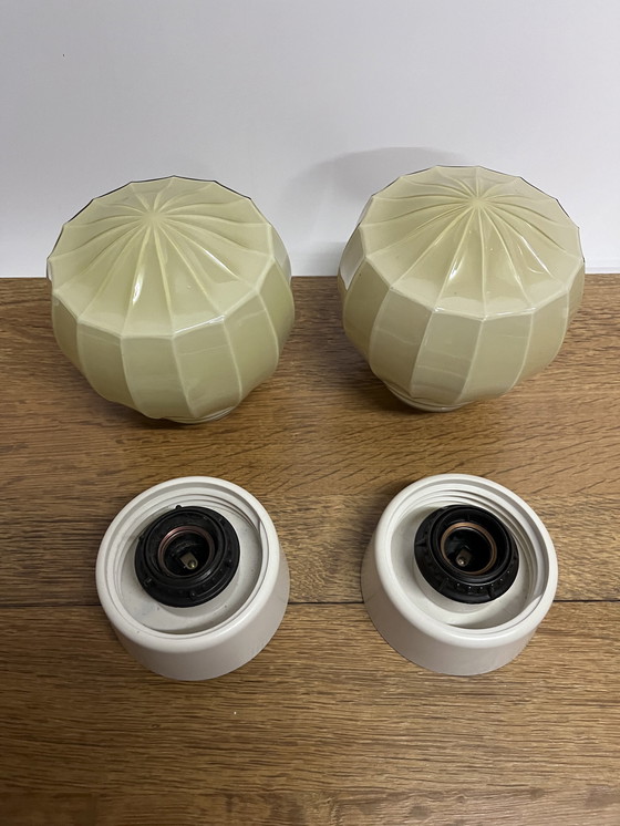 Image 1 of Set Of 2 Vintage Thabur Ceiling Lamps Art Deco Sleek Lined