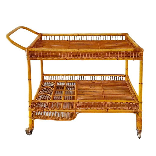 1960S Gorgeous Bamboo & Rattan Serving Bar Cart Trolley By Franco Albini.