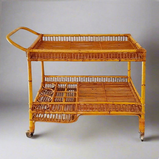 1960S Gorgeous Bamboo & Rattan Serving Bar Cart Trolley By Franco Albini.