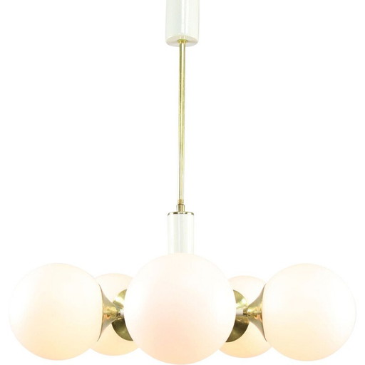 Vintage Sputnik chandelier in brass and opaline glass, Italy