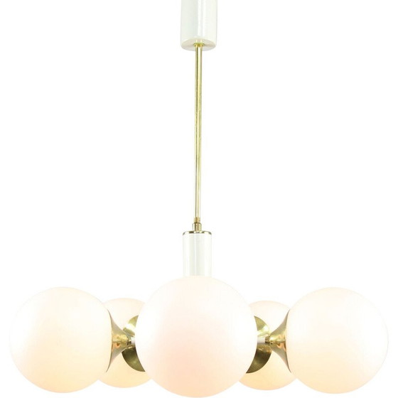 Image 1 of Vintage Sputnik chandelier in brass and opaline glass, Italy