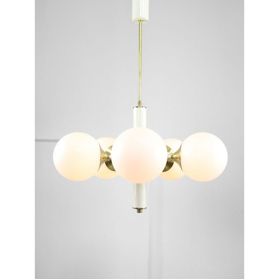 Image 1 of Vintage Sputnik chandelier in brass and opaline glass, Italy