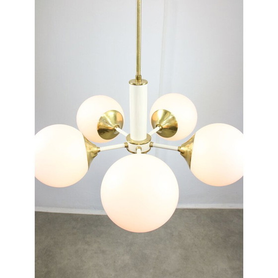 Image 1 of Vintage Sputnik chandelier in brass and opaline glass, Italy