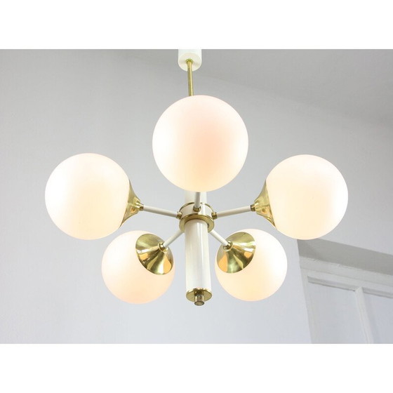Image 1 of Vintage Sputnik chandelier in brass and opaline glass, Italy